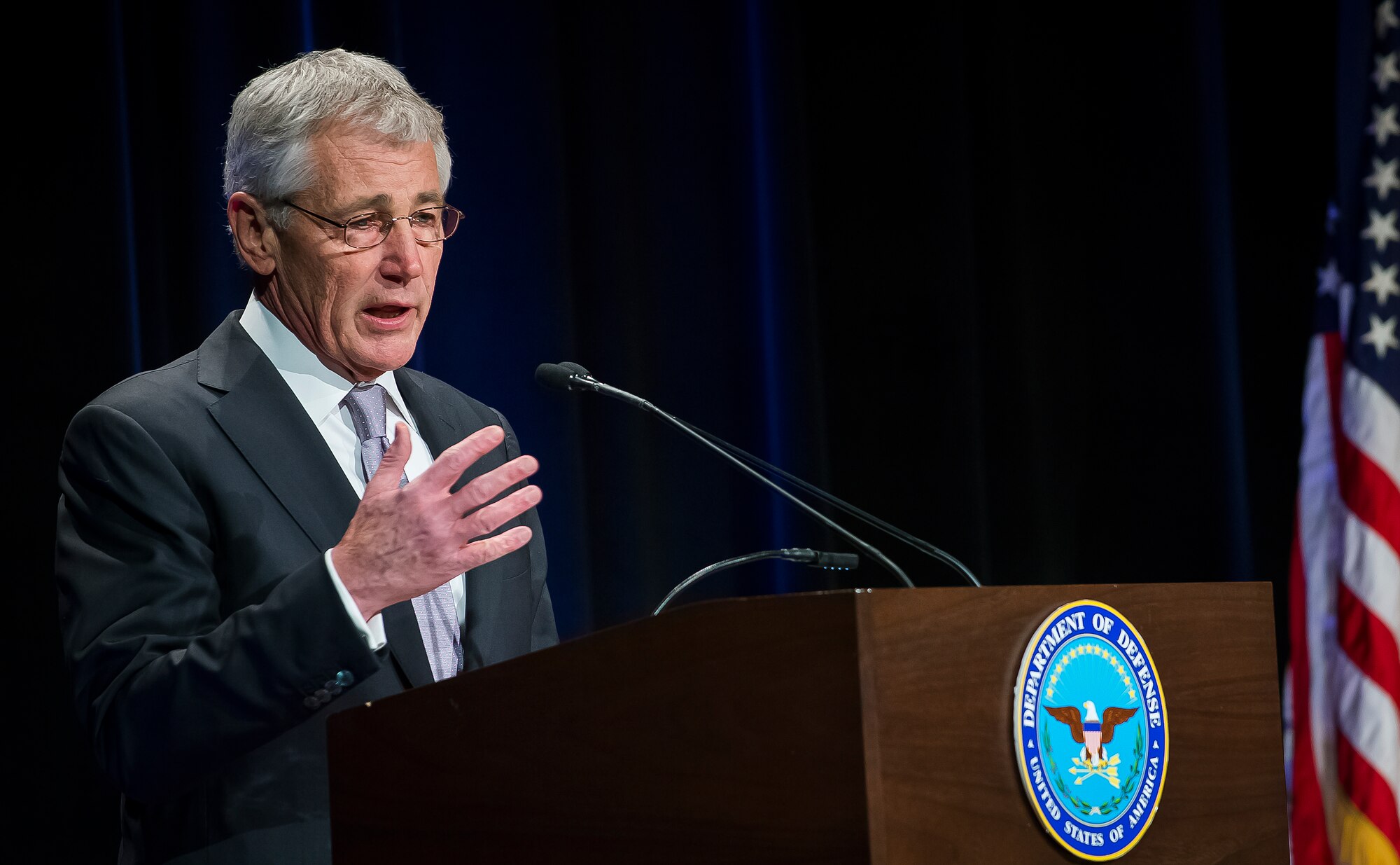 Defense Secretary Chuck Hagel gives his remarks prior to ceremoniously swearing in Deborah Lee James as the 23rd secretary of the Air Force,during a ceremony in the Pentagon, Washington, D.C., Jan. 24, 2014. Hagel called James well suited to lead the Air Force as the nation faces an increasingly uncertain security environment. (U.S. Air Force photo/Jim Varhegyi)