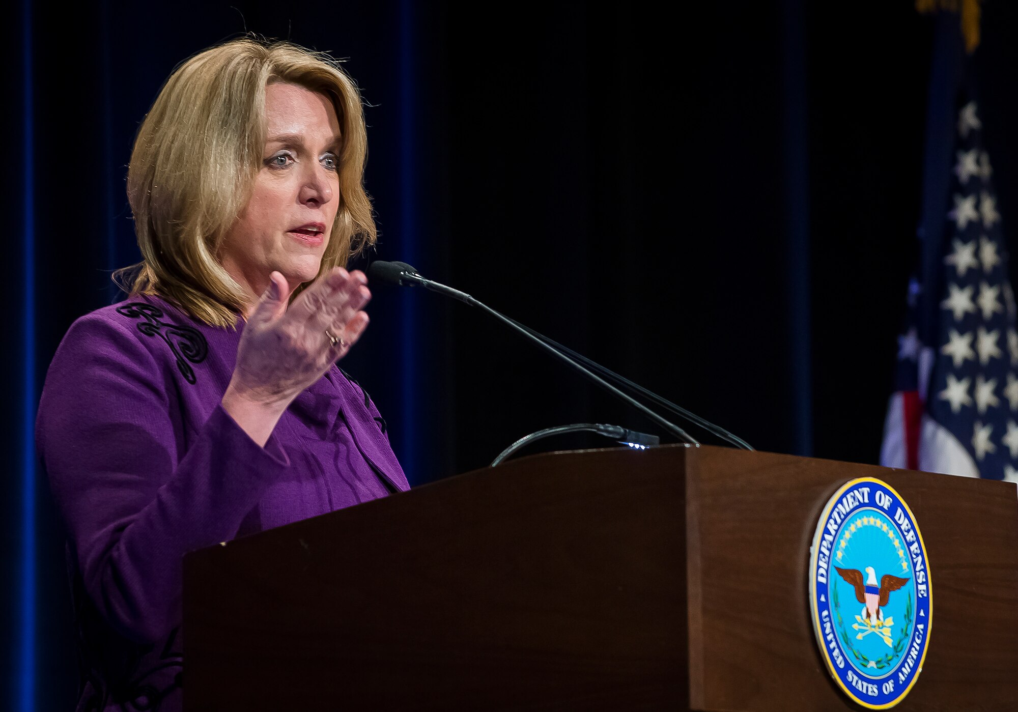 Deborah Lee James, the 23rd secretary of the Air Force, gives her remarks after being ceremoniously sworn in by Defense Secretary Chuck Hagel during a ceremony in the Pentagon, Washington, D.C., Jan. 24, 2014. James pledged to leave the Air Force some years from now on a path toward greater capability and better affordability. (U.S. Air Force photo/Jim Varhegyi)
