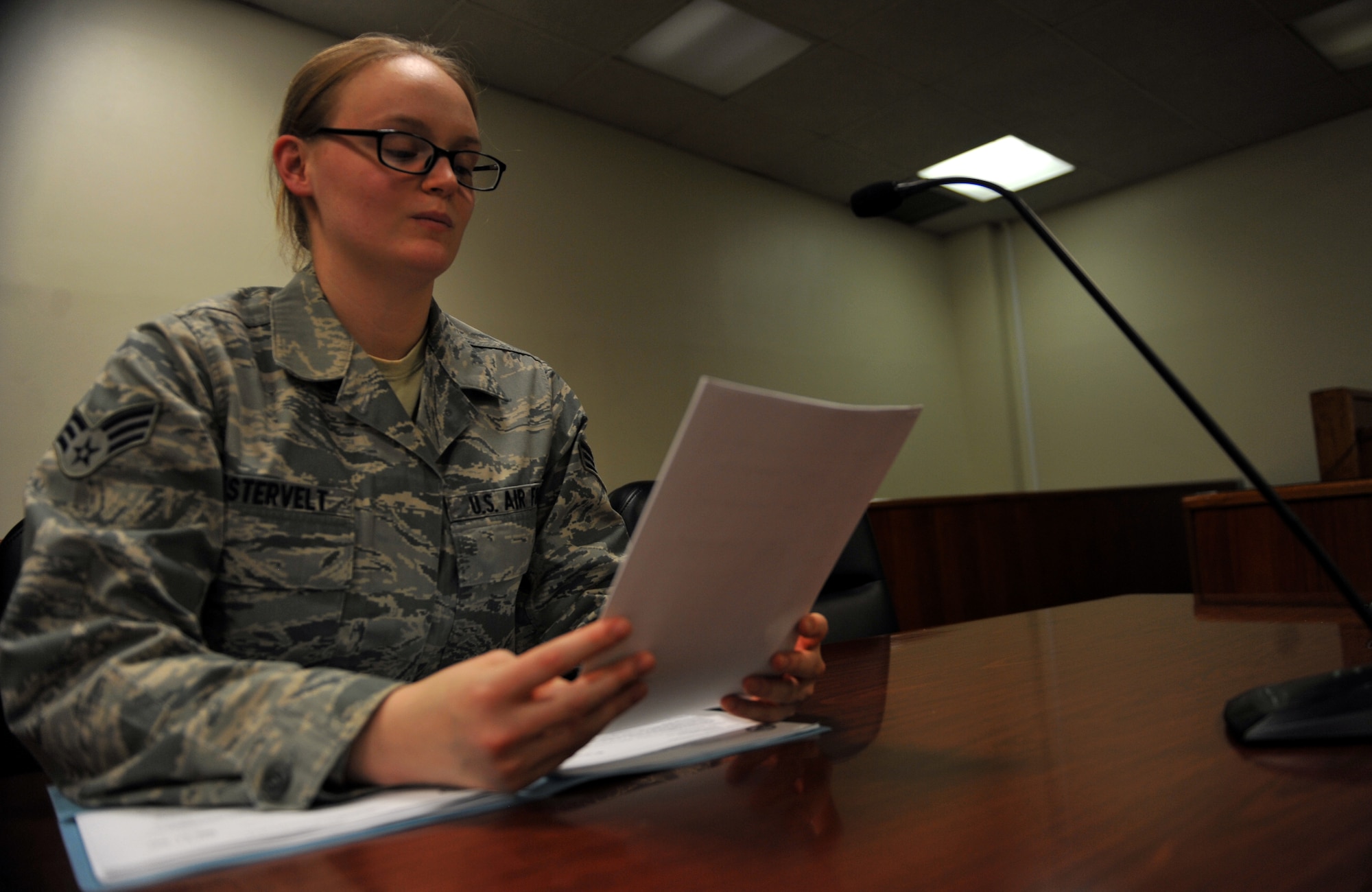 Senior Airman Catherine Westervelt, 51st Fighter Wing Judge Advocate military justice paralegal, reads court documents at Osan Air Base, Republic of Korea, Jan. 23, 2014. Westervelt is this week’s Airman Spotlight winner. (U.S. Air Force photo/Senior Airman Siuta B. Ika)
