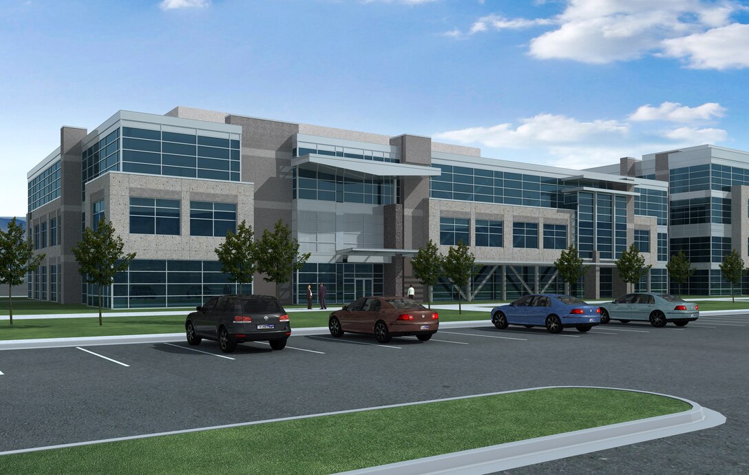 A rendering of the new commercial office building that will provide an additional 75,000 square feet of office space for Air Force contractors at Hill Air Force Base. Construction began Jan. 21 and is the latest Falcon Hill National Aerospace Research Park development. (Courtesy graphic)