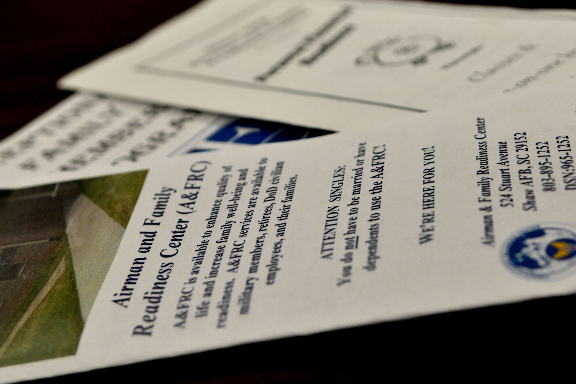 Several brochures are displayed to represent the Airman and Family Readiness Center, Shaw Air Force Base, S.C., Jan. 27, 2013.The Airman and Family Readiness Center provides preparation information and on-going education and assistance to individuals, families and leadership. (U.S. Air Force photo by Senior Airman Ashley L. Gardner/Released)