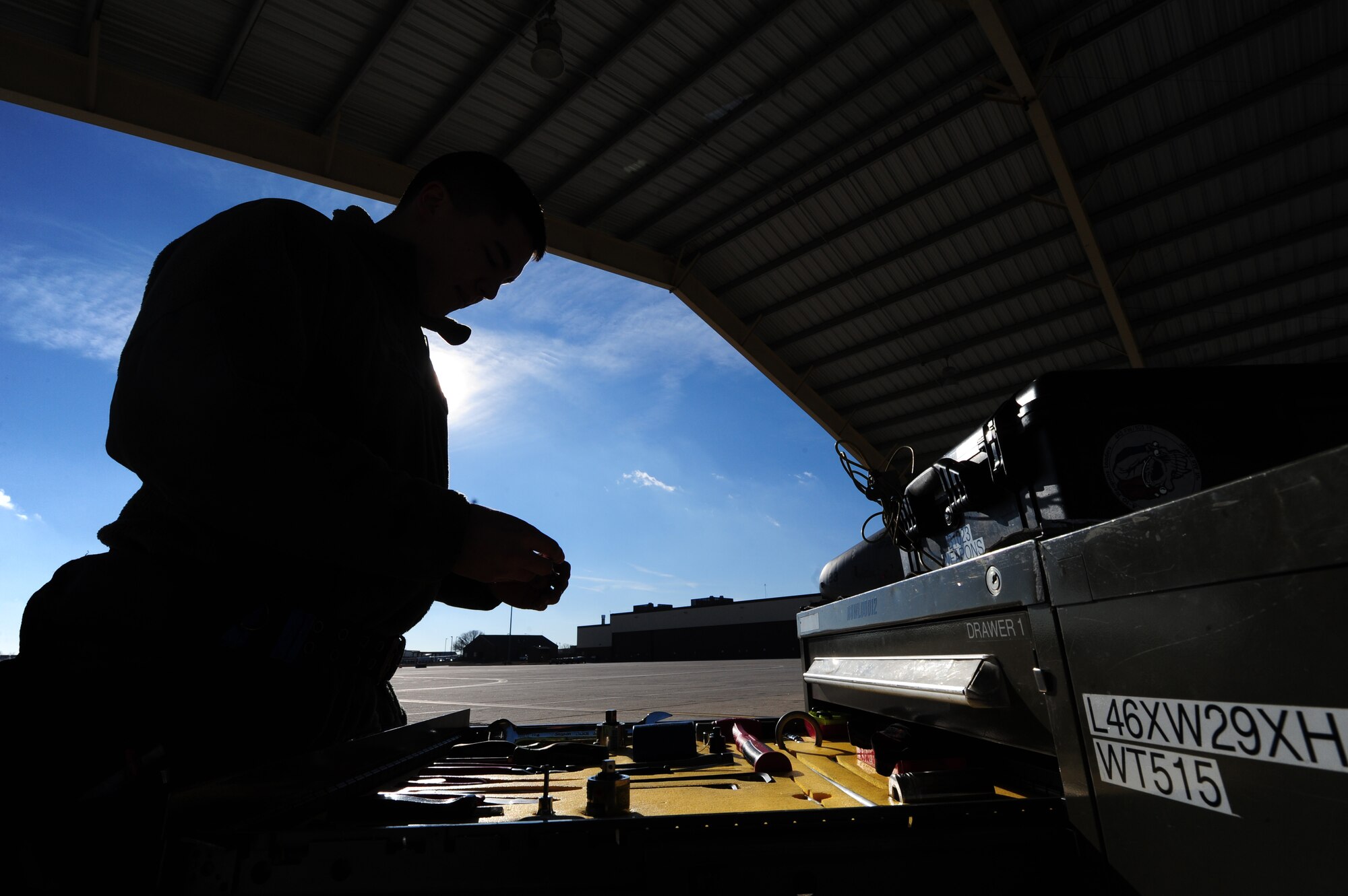 Airman 1st Class Cameron Wheatley, 442nd Fighter Wing Aircraft Maintenance Squadron aircraft armament technician, inspects a composite tool kit at Whiteman Air Force Base, Mo., Dec. 17, 2013. As an armament systems technician, Wheatley is responsible for making sure weapons are correctly installed on the A-10. (U.S. Air Force photo by Staff Sgt. Nick Wilson/Released)