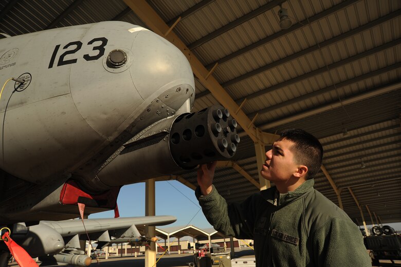 Airman 1st Class Cameron Wheatley, 442nd Fighter Wing Aircraft Maintenance Squadron aircraft armament technician, performs a 7-day gun-no-fire inspection on the Gatling gun of an A-10 Thunderbolt II at Whiteman Air Force Base, Mo., Dec. 17, 2013. The 30 mm seven-barrel gun allows pilots to accurately fire at ground targets. (U.S. Air Force photo by Staff Sgt. Nick Wilson/Released)