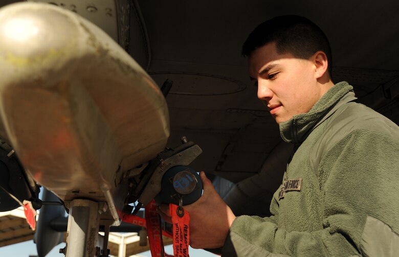 Airman 1st Class Cameron Wheatley, 442nd Fighter Wing Aircraft Maintenance Squadron aircraft armament technician, loads a BDU-33 training munition onto the weapons rack of an A-10 Thunderbolt II on the Whiteman Air Force Base flightline, Mo., Dec. 17, 2013. A-10 pilots drop weapons such as this one during training sorties as part of their target practice regimen. (U.S. Air Force photo by Staff Sgt. Nick Wilson/Released)