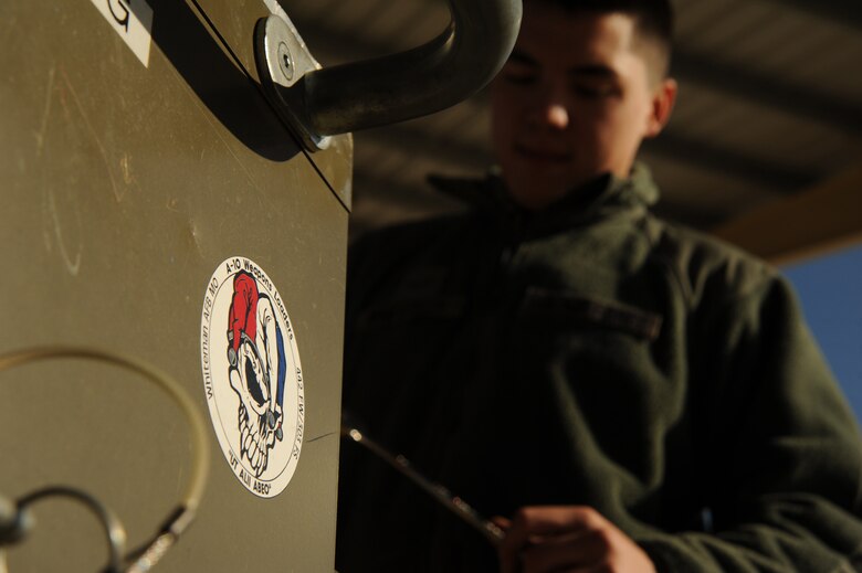 Airman 1st Class Cameron Wheatley, 442nd Fighter Wing Aircraft Maintenance Squadron aircraft armament technician, inspects a composite tool kit on the flightline at Whiteman Air Force Base, Mo., Dec. 17, 2013. The inspection ensures the tools are all accounted for. (U.S. Air Force photo by Staff Sgt. Nick Wilson/Released)
