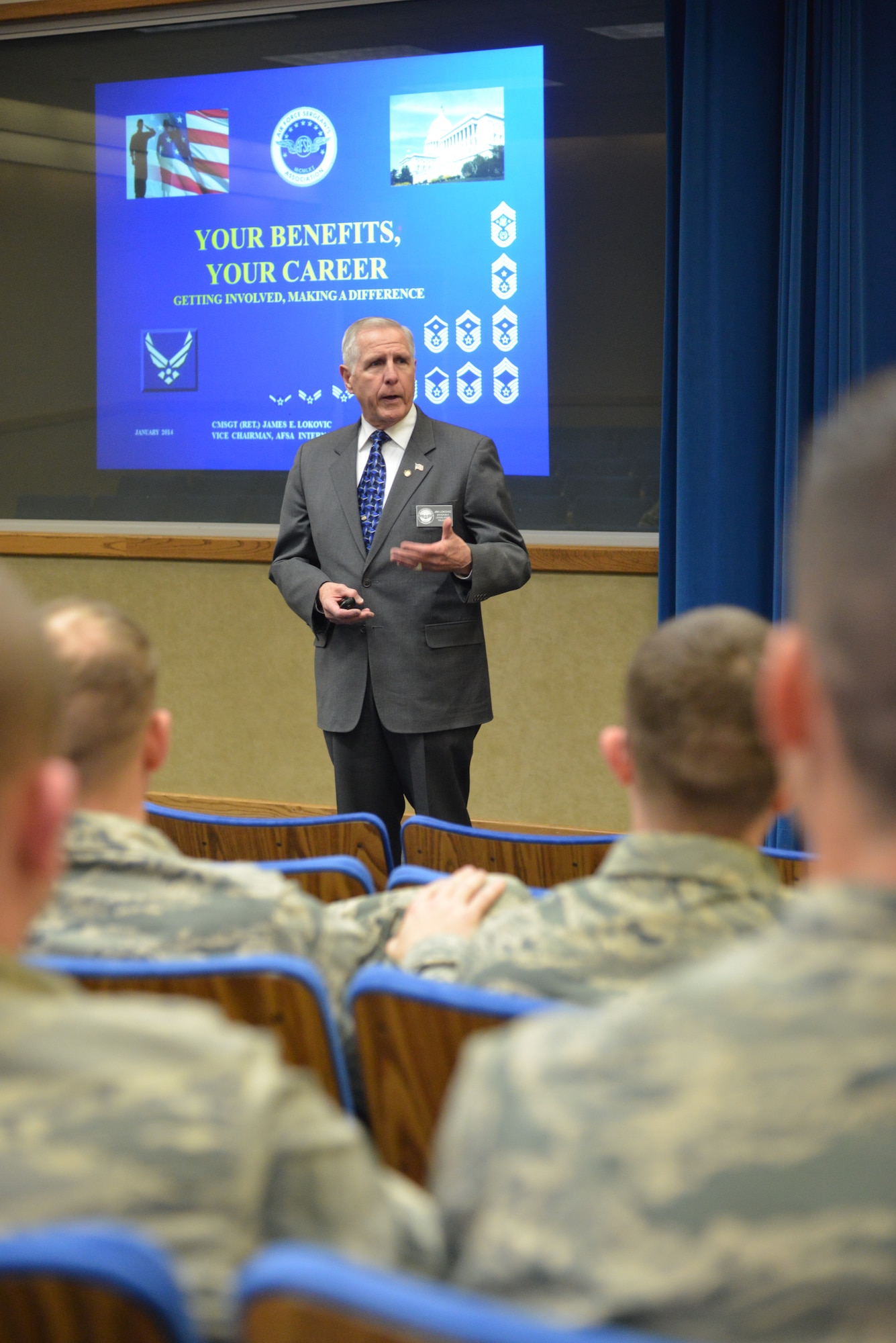 Retired Chief Master Sgt. James Lokovic, vice chairman of the the Air Force Sergeants Association's International Legislation Committee, was at Kirtland Jan. 23-24 to educate Airmen about the process of protecting or enhancing quality of life issues and how they can be influential in the process. (Photo by Ken Moore)