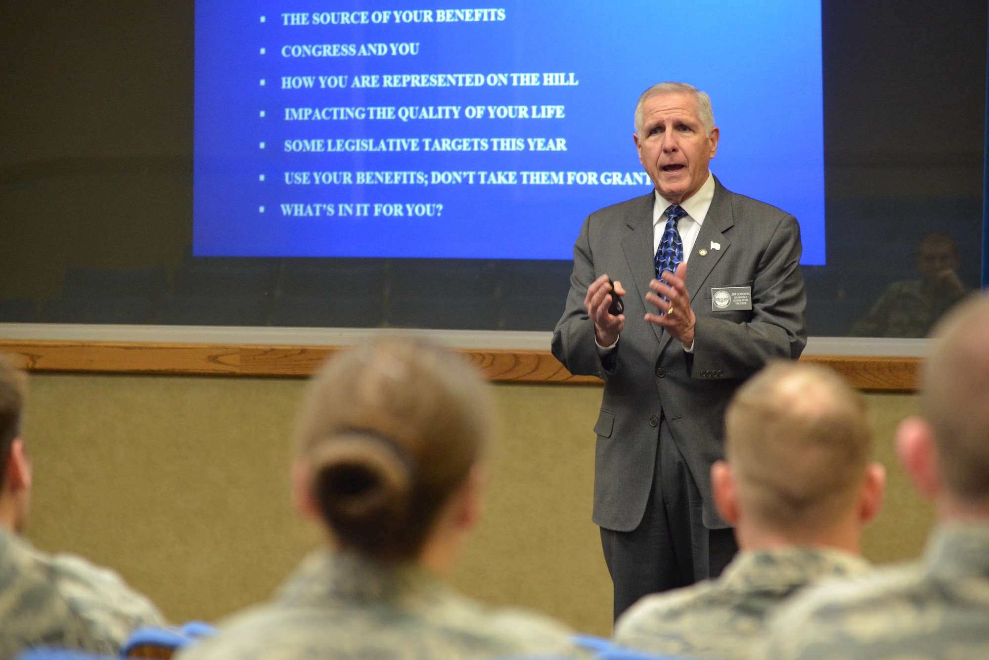 Retired Chief Master Sgt. James Lokovic, vice chairman of the the Air Force Sergeants Association's International Legislation Committee, was at Kirtland Jan. 23-24 to educate Airmen about the process of protecting or enhancing quality of life issues and how they can be influential in the process. (Photo by Ken Moore)