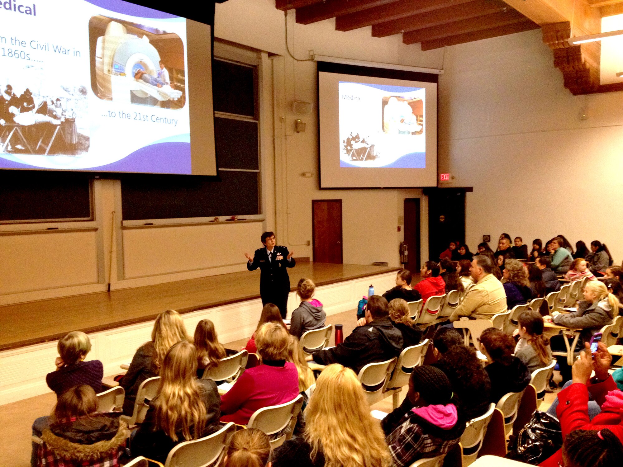 Maj. Gen. Sandra Finan, commander of the Air Force Nuclear Weapons Center, spoke to 300 middle school girls, parents and educators Jan. 25 at the University of New Mexico during the “Expanding Your Horizons” conference, designed to interest girls in science, technology, engineering and mathematics careers. Her comments at the event, sponsored since 1980 by the New Mexico Network for Women in Science and Engineering, addressed women’s contributions to advancing human knowledge and capabilities through achievements in STEM fields.  (Photo by John Cochran)