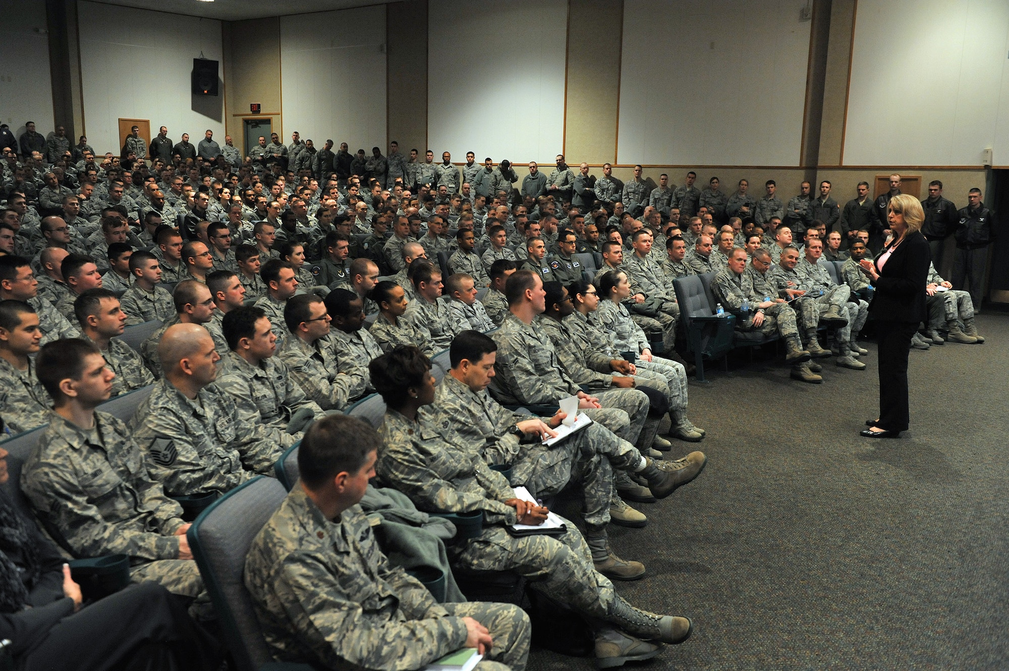 Secretary of the Air Force Deborah Lee James talks to members of the 341st Missile Wing during a visit Jan. 22 to Malmstrom Air Force Base, Mont. During the base all call, James took the opportunity to speak with the Airmen in attendance and stressed the importance of the nuclear mission here. (U.S. Air Force photo by John Turner)