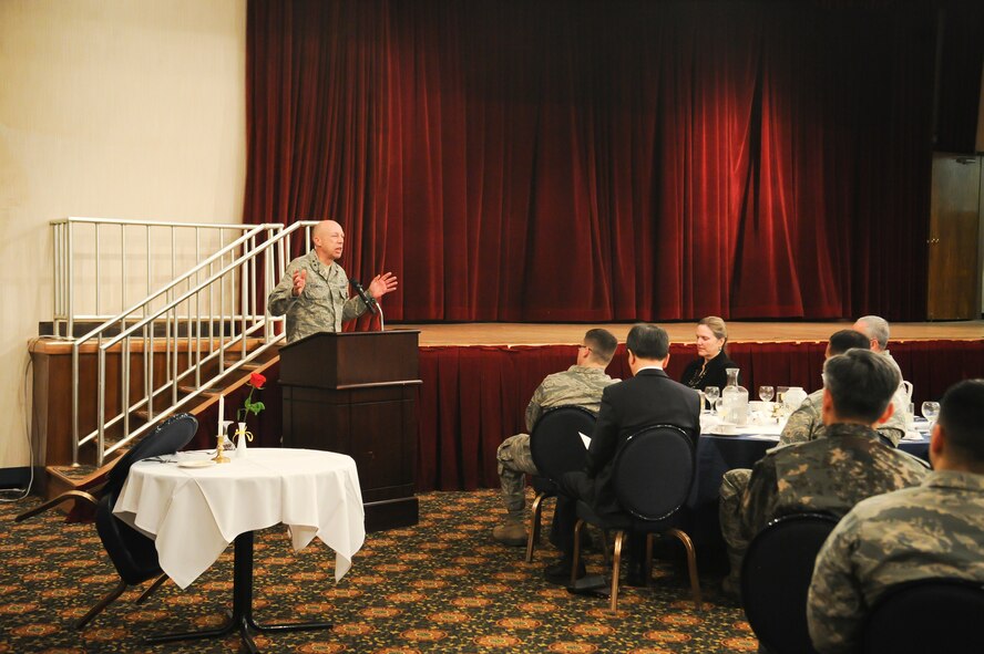 Maj. Gen. Howard Stendahl, United States Air Force chief of chaplains, speaks at the National Prayer Breakfast Jan. 23, 2014, at Osan Air Base, Republic of Korea. Stendahl said he personally choose the ROK as his only TDY for a National Prayer Breakfast because of how important the mission is here. (U.S. Air Force photo by Staff Sgt. Jake Barreiro)