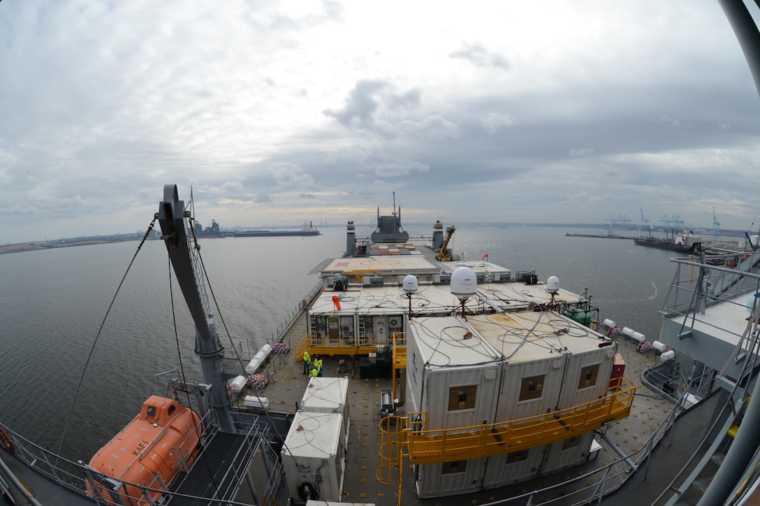 The container ship MV Cape Ray departs Portsmouth, Va., Jan. 10, 2014, to test the systems that will be used to destroy chemical agents from Syria. The vessel was modified to contribute to the joint mission organized by the United Nations and the Organization for the Prohibition of Chemical Weapons to eliminate Syria's chemical materials.