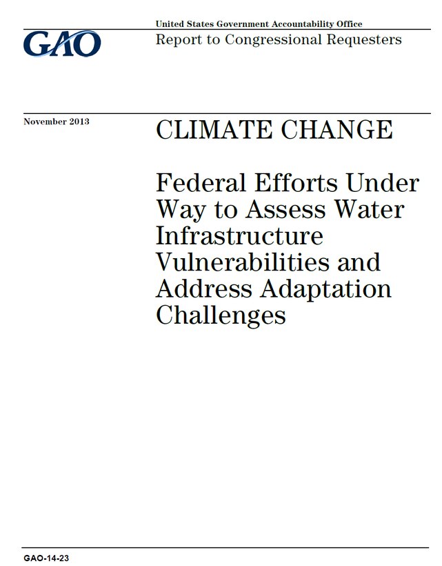 Report cover of GAO Audit, GAO-14-23, "Climate Change: Federal Efforts Under Way to Assess Water Infrastructure Vulnerabilities and Address Adaptation Challenges."