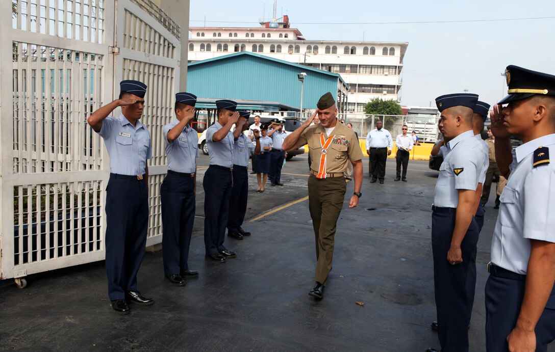 U.S. Marine Brig. Gen. Richard L. Simcock II, deputy commanding general of U.S. Marine Corps Forces, Pacific, returns a salute to the Philippine Coast Guard sideboys rendering honors as he enters the PCG Headquarters in Manila, Philippines, Jan. 27. Simcock attended the initial maritime domain awareness demonstration that showcased the capabilities of the Maritime Persistent Surveillance Tower system to senior Philippine and U.S. officials.