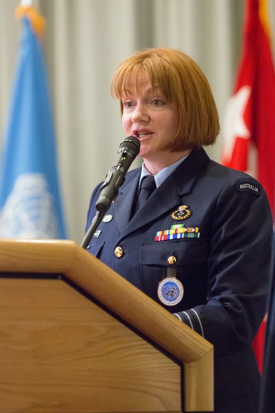 Royal Australia Air Force Group Captain Barbara Courtney, United Nations Command (Rear) commander, gives a speech during the UNC (Rear) change of command ceremony at Yokota Air Base, Japan, Jan. 28, 2014. As the United Nations Command’s principal representative in Japan, the UNC (Rear) maintains the status of forces agreement regarding United Nations Forces in Japan during armistice conditions. (U.S. Air Force photo by Osakabe Yasuo/Released)