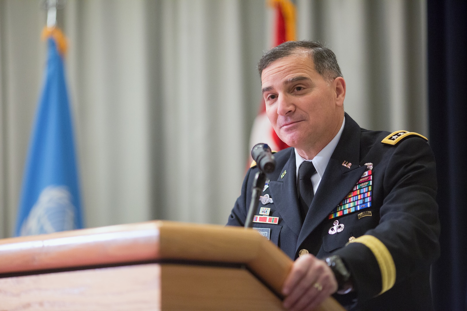 U.S. Army Gen. Curtis Scaparrotti, commander of the United Nations Command, Combined Forces Command, and U.S. Forces Korea, gives a speech during the United Nations Command (Rear) change of command ceremony at Yokota Air Base, Japan, Jan. 28, 2014. As the United Nations Command’s principal representative in Japan, the UNC (Rear) maintains the status of forces agreement regarding United Nations Forces in Japan during armistice conditions. (U.S. Air Force photo by Osakabe Yasuo/Released)