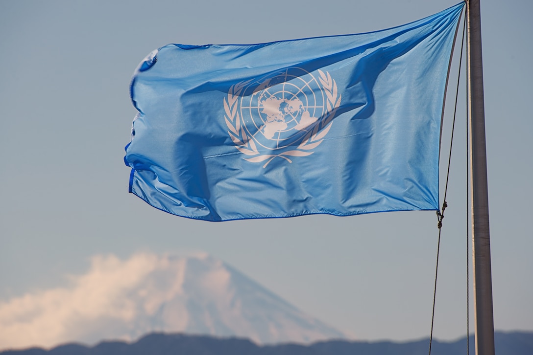 The United Nations flag waves at Yokota Air Base, Japan, Jan. 10, 2014. Yokota AB is one of the United Nation Command bases, under the UNC-Japan Status of Forces Agreement (SOFA) Decrees. (U.S. Air Force photo by Osakabe Yasuo/Released) 