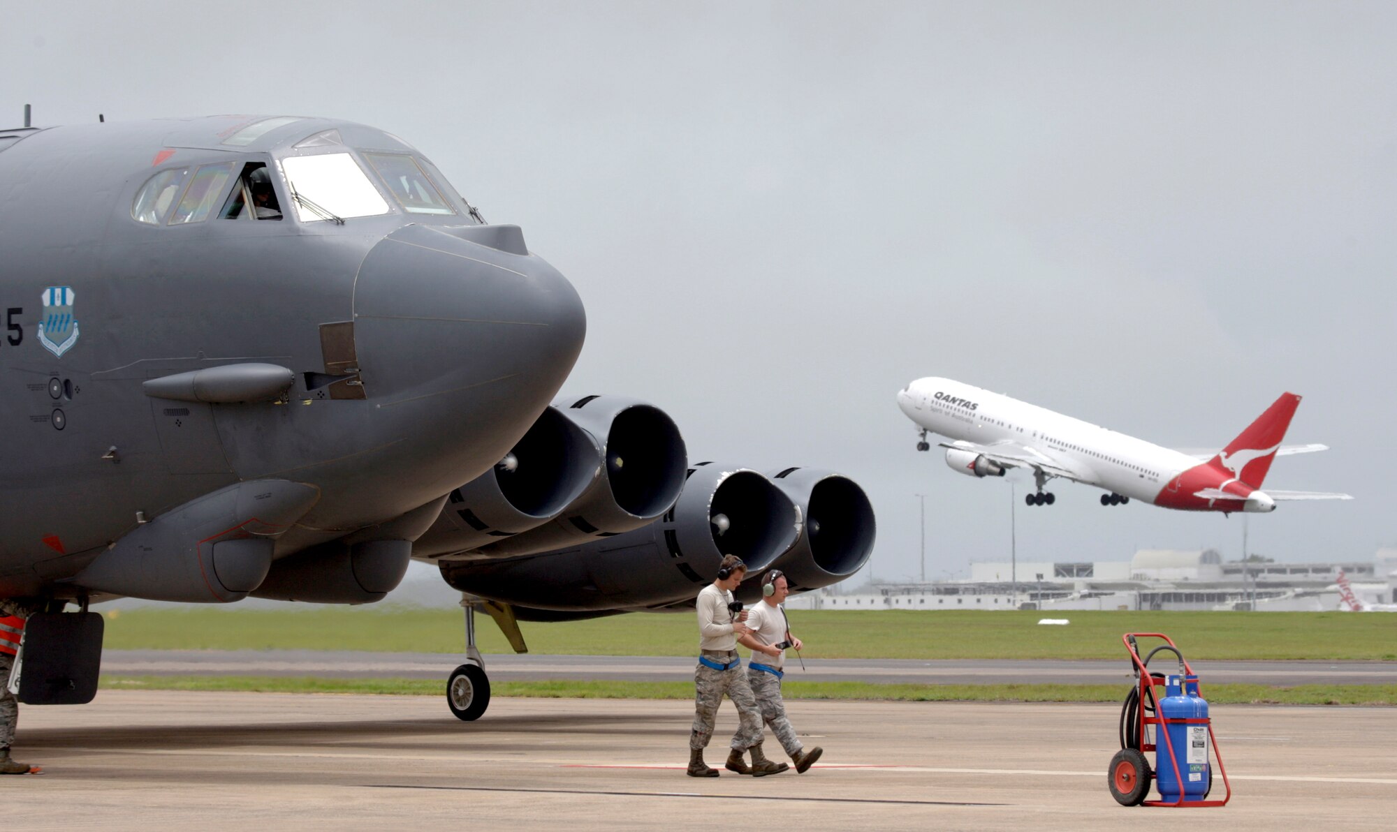 A U.S. Air Force B-52 Stratofortress, operating from Andersen Air Force Base, Guam, has lands at Royal Australian Air Force (RAAF) Base Darwin Jan. 28, 2014, to take part in short term bilateral training with the RAAF. The B-52 is assigned to Andersen AFB as part of U.S. Pacific Command and U.S. Air Force rotational bomber presence in the Pacific. (Australian Department of Defence photo)