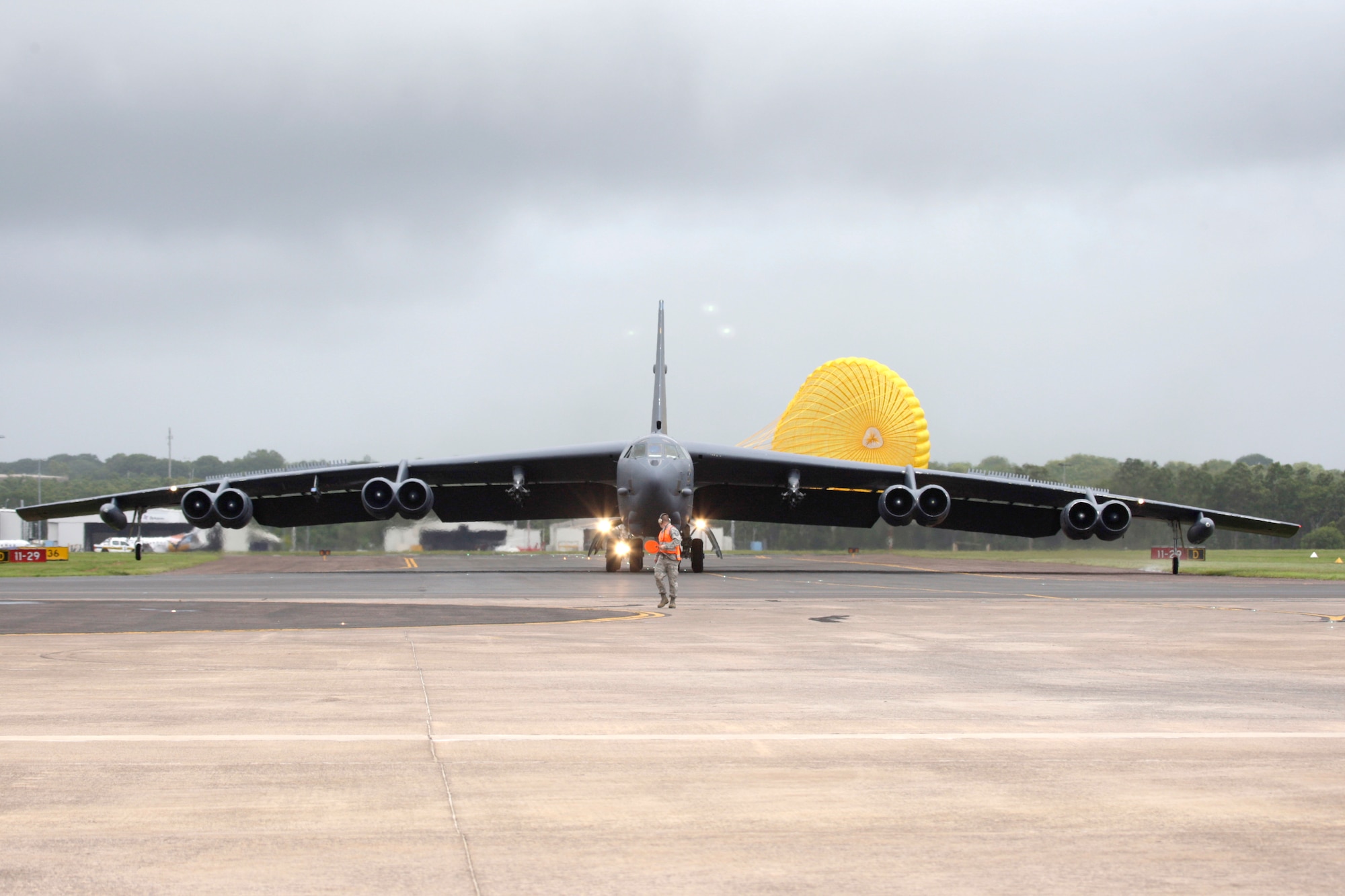 A U.S. Air Force B-52 Stratofortress, operating from Andersen Air Force Base, Guam, lands at Royal Australian Air Force (RAAF) Base Darwin, Jan. 28, 2014, to take part in short term bilateral training with the RAAF. The B-52 is assigned to Andersen AFB as part of U.S. Pacific Command and U.S. Air Force rotational bomber presence in the Pacific. (Australian Department of Defence photo)
