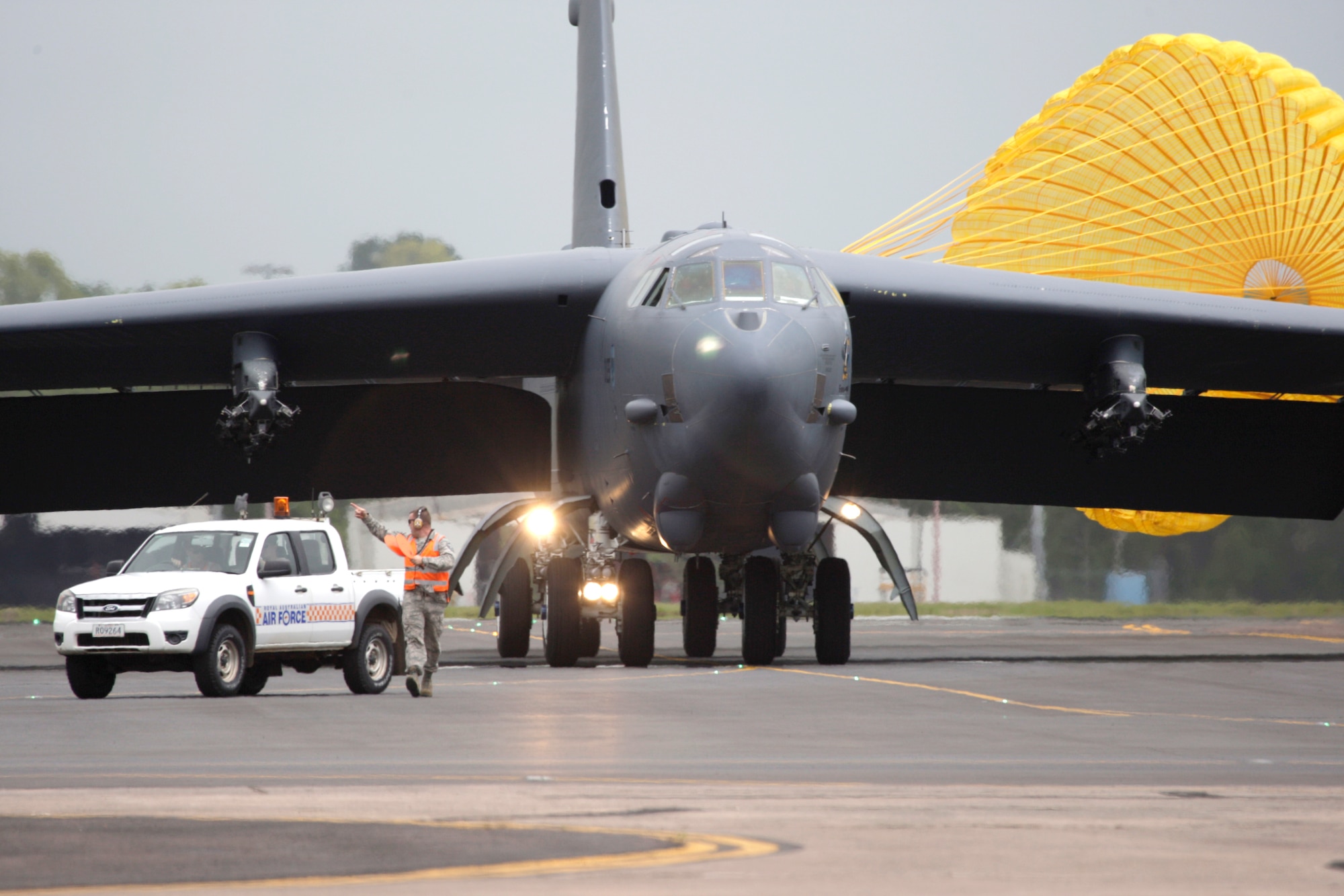A U.S. Air Force B-52 Stratofortress, operating from Andersen Air Force Base, Guam, lands at Royal Australian Air Force (RAAF) Base Darwin Jan. 28, 2014, to take part in short term bilateral training with the RAAF. The B-52 is assigned to Andersen AFB as part of U.S. Pacific Command and U.S. Air Force rotational bomber presence in the Pacific. (Australian Department of Defence photo)