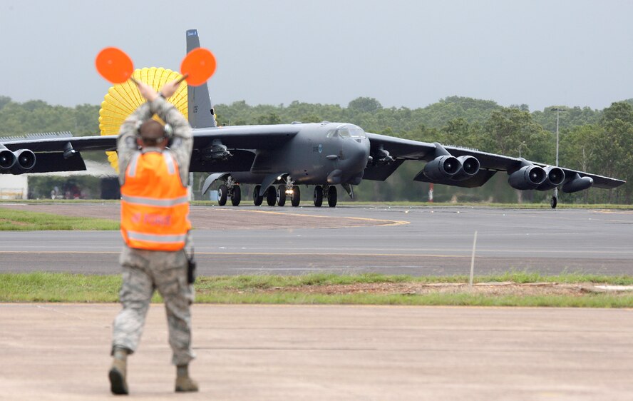 A U.S. Air Force B-52 Stratofortress, operating from Andersen Air Force Base, Guam, lands at Royal Australian Air Force (RAAF) Base Darwin Jan. 28, 2014, to take part in short term bilateral training with the RAAF. The B-52 is assigned to Andersen AFB as part of U.S. Pacific Command and U.S. Air Force rotational bomber presence in the Pacific. (Australian Department of Defence photo)