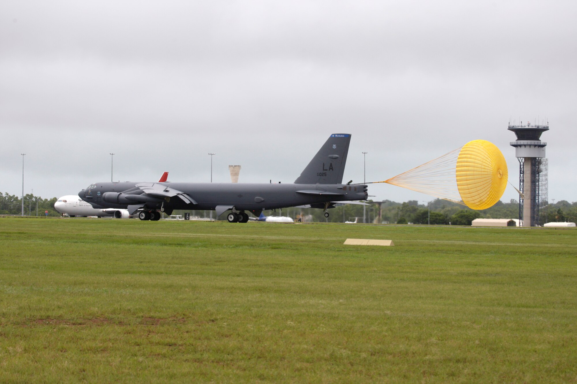 A U.S. Air Force B-52 Stratofortress, operating from Andersen Air Force Base, Guam, has lands at Royal Australian Air Force (RAAF) Base Darwin Jan. 28, 2014, to take part in short term bilateral training with the RAAF. The B-52 is assigned to Andersen AFB as part of U.S. Pacific Command and U.S. Air Force rotational bomber presence in the Pacific. (Australian Department of Defence photo)