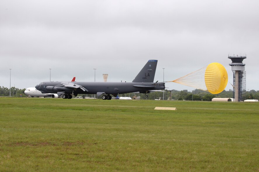 A U.S. Air Force B-52 Stratofortress, operating from Andersen Air Force Base, Guam, has lands at Royal Australian Air Force (RAAF) Base Darwin Jan. 28, 2014, to take part in short term bilateral training with the RAAF. The B-52 is assigned to Andersen AFB as part of U.S. Pacific Command and U.S. Air Force rotational bomber presence in the Pacific. (Australian Department of Defence photo)