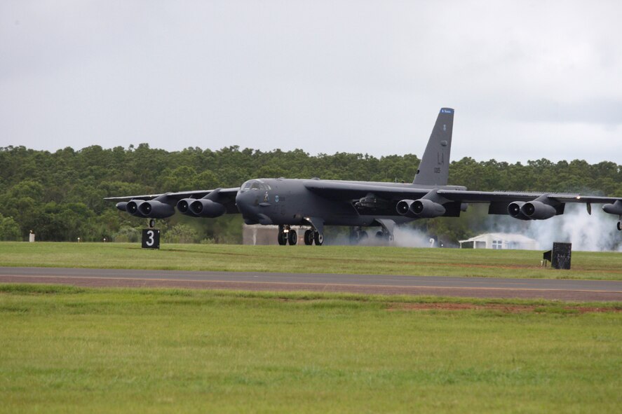 A U.S. Air Force B-52 Stratofortress, operating from Andersen Air Force Base, Guam, has lands at Royal Australian Air Force (RAAF) Base Darwin Jan. 28, 2014, to take part in short term bilateral training with the RAAF. The B-52 is assigned to Andersen AFB as part of U.S. Pacific Command and U.S. Air Force rotational bomber presence in the Pacific. (Australian Department of Defence photo)