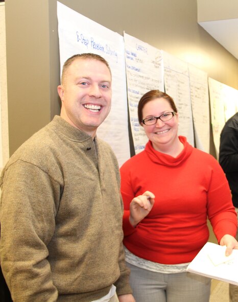 Master Sgt. Timothy Stevens, 932nd Airlift Wing, Maintenance Group, flight chief and Tech. Sgt. Danielle Long, 73rd Airlift Squadron, flight attendant attended the AFSO21 Green Belt certification course held at Scott Air Force Base on Friday January 24th.  Those who attended were active duty, Air National Guard and Air Force Reserve members stationed at Scott Air Force Base.  The course was designed to teach participants how to cut out waste in their respective business processes. (Air Force photo/Staff Sgt. Meiko Schill.)