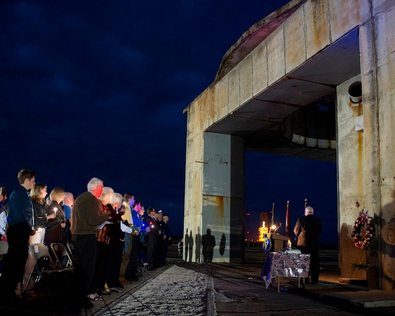 Three former space pioneers were honored during the 47th annual Apollo 1 Memorial Ceremony Jan. 27, 2014, at Launch Complex 34, Cape Canaveral Air Force Station. (U.S. Air Force photo/Matthew Jurgens)