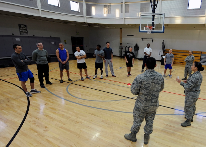 Dyess Airmen gather at the Fitness Center Jan. 24, 2014, at Dyess Air Force Base, Texas. The Airmen competed in this year’s first Warrior Challenge. The competition consisted of a timed circuit with multiple exercises. (U.S. Air Force photo by Airman 1st Class Alexander Guerrero/Released)