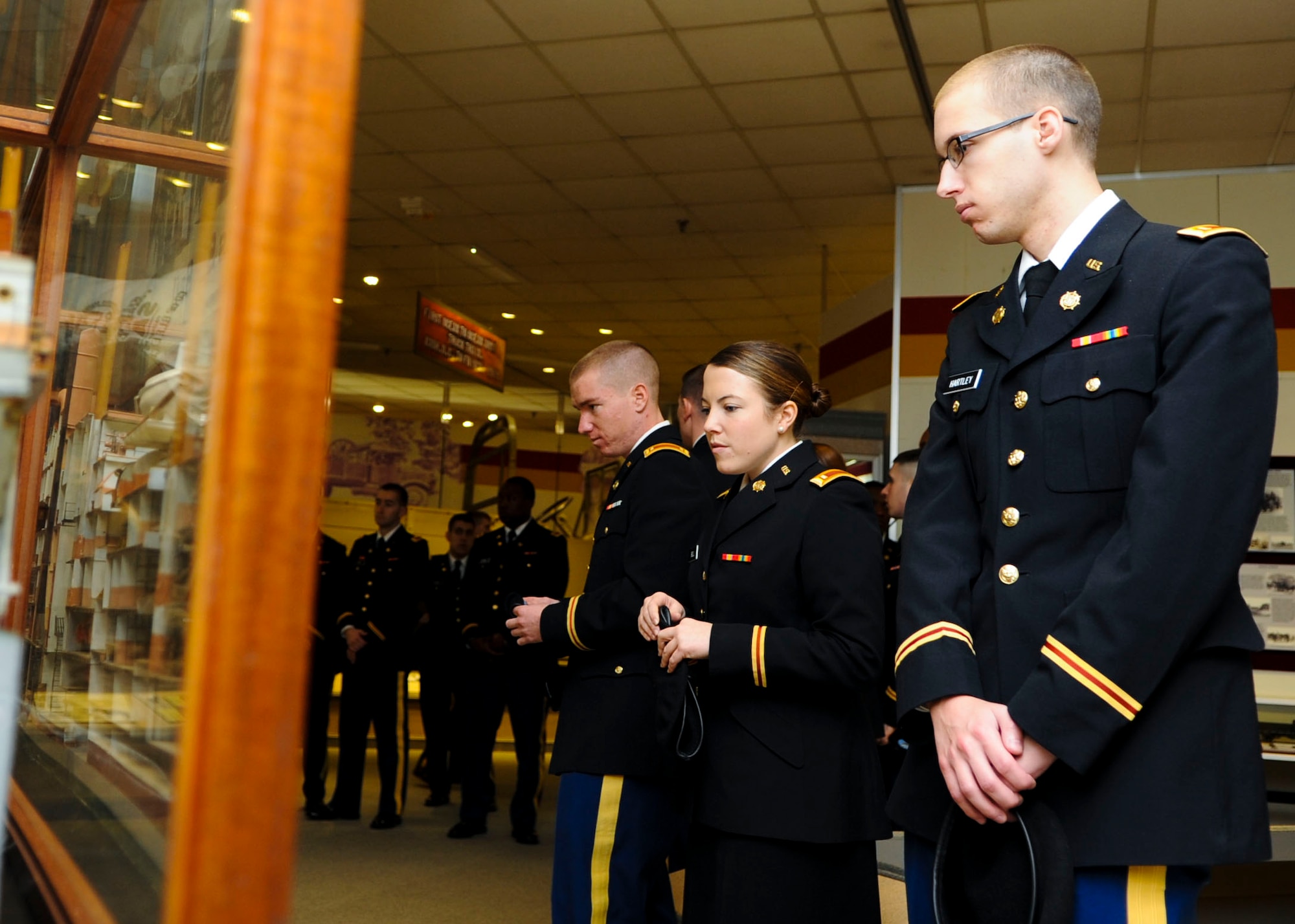 U.S. Army 2nd Lt. Kyle Hartley, 143rd Sustainment Command Expeditionary movement control specialist, views a Spanish-American War exhibit in the U.S. Army Transportation Museum at Fort Eustis, Va., Jan. 28, 2014. Museum employees offer tours, research and educational programs to the post and general public. Hartley hails from Tampa, Fl. (U.S. Air Force photo by Airman 1st Class Austin Harvill/Released)