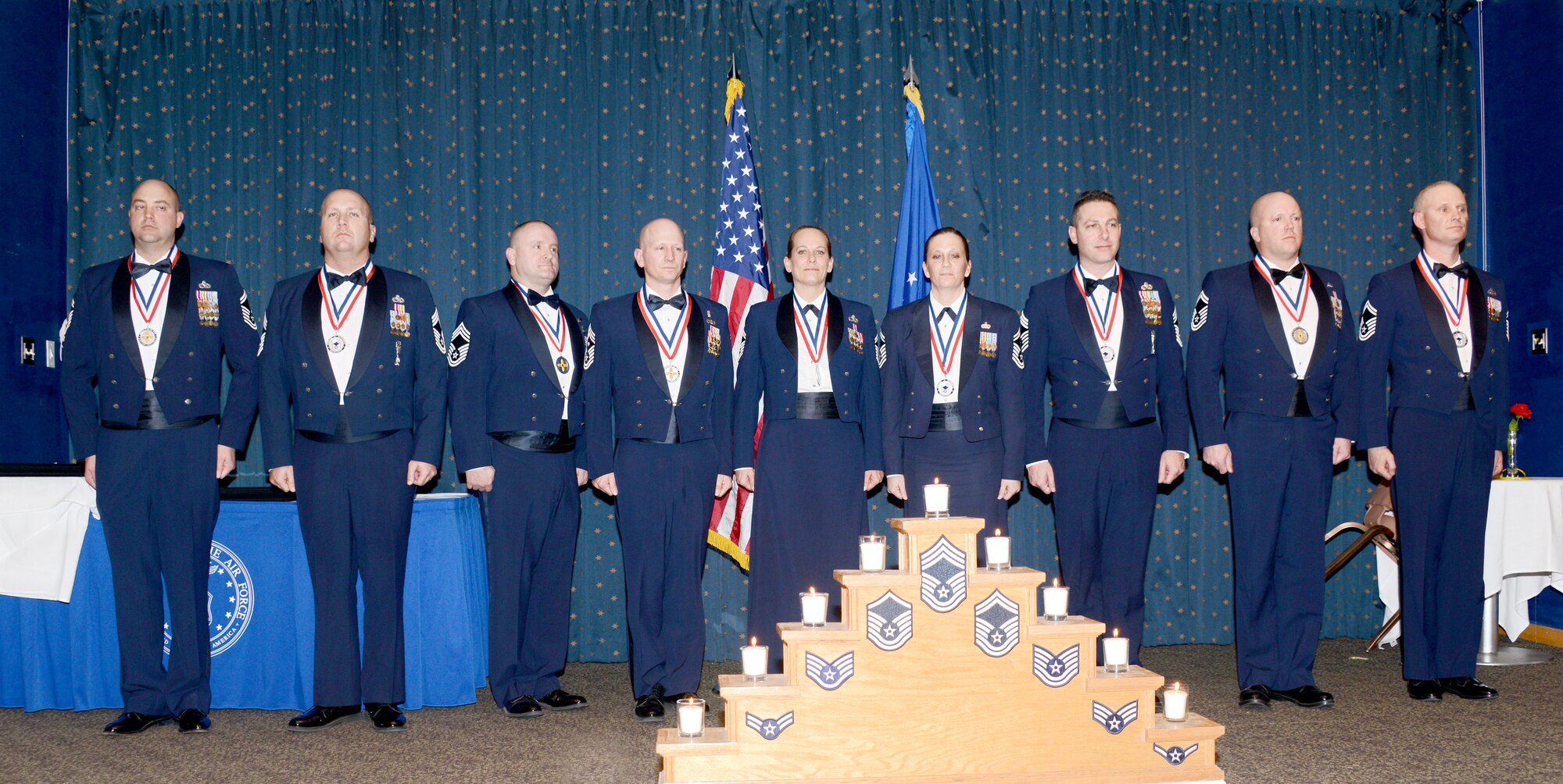 Nine Kirtland Airmen were inducted into the Chiefs Group Jan. 25 at a formal celebration at the Mountain View Club. The inductees, from left to right, are Joshua Hansen, 58th Aircraft Maintenance Squadron; Christopher Barks, 898th Munitions Squadron; Patrick McFarlin, 58th Special Operations Wing; Michael Robicheau, 58th Aircraft Maintenance Squadron; Susanne Herbert, 58th Maintenance Squadron;  Melissa Erb, Defense Threat Reduction Agency; Vincent Stephenson, Air Force Inspection Agency
Eric Evers, 58th Aircraft Maintenance Squadron; and John Facemire, 377th Security Forces Squadron.
