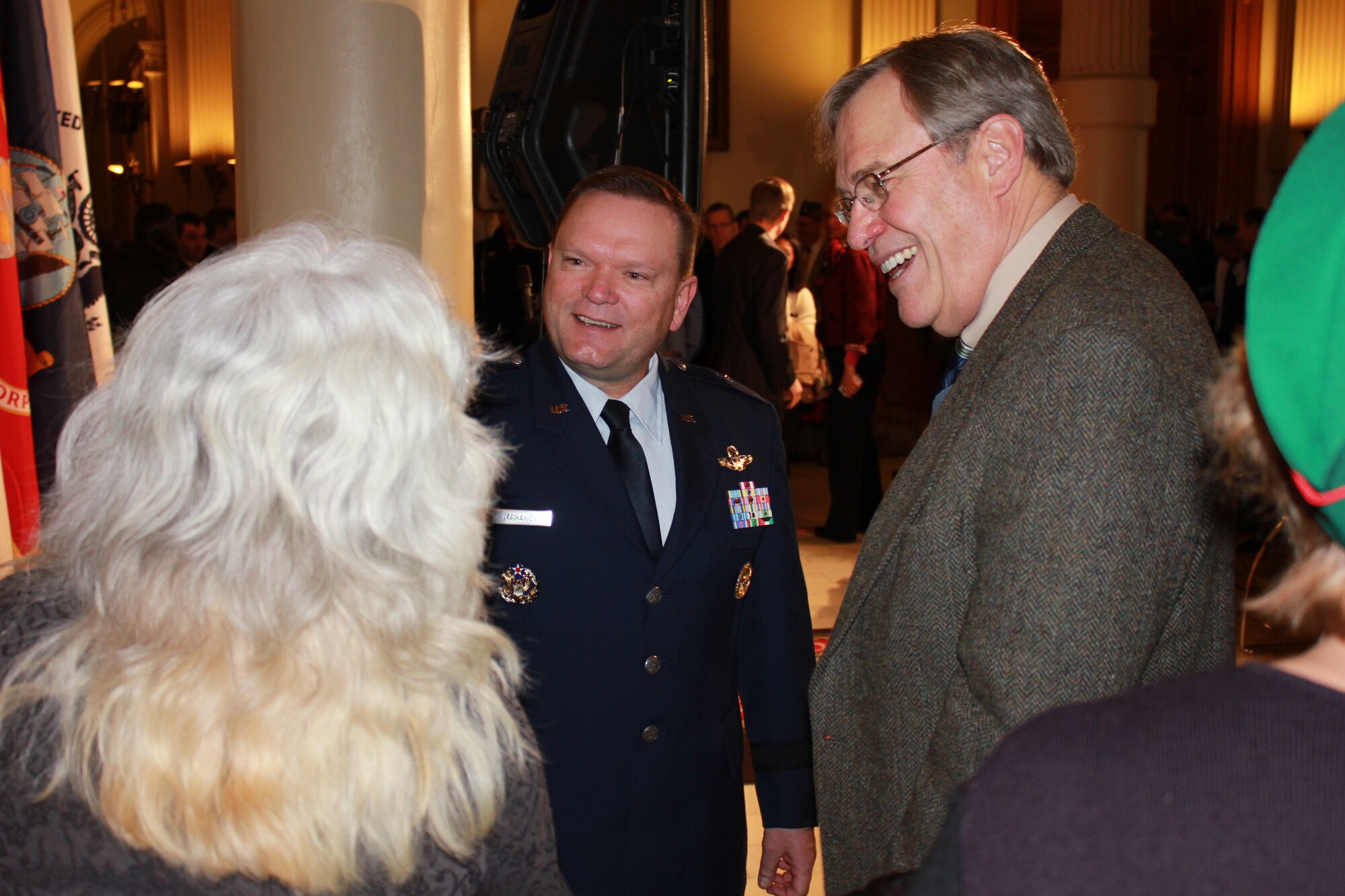 Brig. Gen. Samuel Mahaney, Air Reserve Personnel Center commander, speaks to attendees during the Colorado Military and Veterans Appreciation Day at the Colorado Capitol in Denver Jan. 27, 2014. The House of Representatives passed a series of House Joint Resolutions recognizing the heroism and sacrifice of servicemen and women including Tech. Sgt. Justin Tolbert, personnel customer service manager, Tech. Sgt. Rob Hazelett, public affairs NCO in charge, and Staff Sgt. Sean Cooper, retirements service team technician, who represented ARPC as recent quarterly award winners. (U.S. Air Force photo/Tech. Sgt. Rob Hazelett)