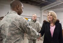 Secretary of the Air Force Deborah Lee James met with Airmen from the 91st Missile Wing at Minot Air Force Base, N.D., Jan. 22, 2014. James toured a variety of training facilities and learned the procedures that are practiced to ensure the safety and security of the nation's nuclear force. (U.S. Air Force photo/Senior Airman Stephanie Sauberan)