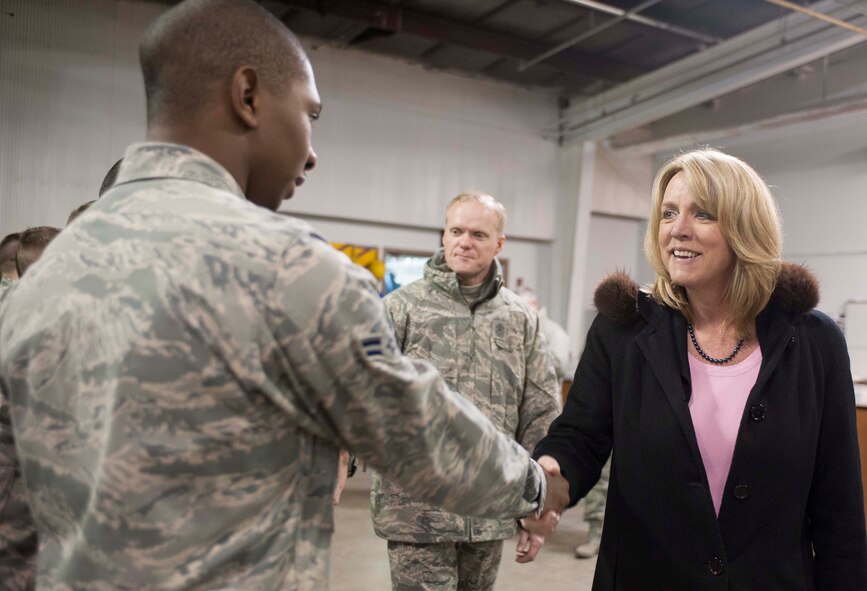 Secretary of the Air Force Deborah Lee James met with Airmen from the 91st Missile Wing at Minot Air Force Base, N.D., Jan. 22, 2014. James toured a variety of training facilities and learned the procedures that are practiced to ensure the safety and security of the nation's nuclear force. (U.S. Air Force photo/Senior Airman Stephanie Sauberan)