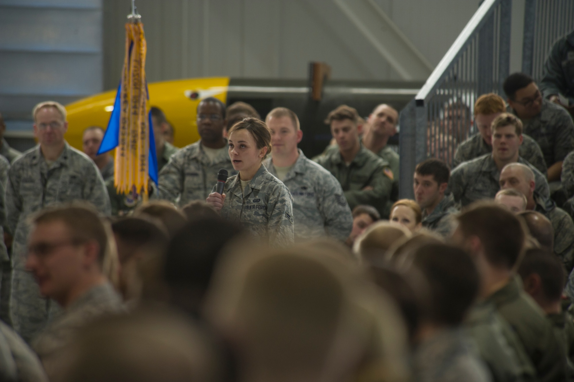 During an all call held at Minot Air Force Base, N.D., Jan. 22, 2014, with guest speaker Secretary of the Air Force Deborah Lee James, Airmen were able to address concerns and ask questions about the future of the Air Force. James is the 23rd SECAF and is responsible for the affairs of the Department of the Air Force, including the organizing, training, equipping and providing for the welfare of its more than 690,000 active duty, Guard, Reserve and civilian Airmen and their families.(U.S. Air Force photo/Senior Airman Brittany Y. Auld)
