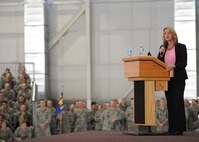 Secretary of the Air Force Deborah Lee James spoke at an all-call event hosted for base Airmen in Dock 1 at Minot Air Force Base, N.D., Jan. 22, 2014. James was able to address more than 1,700 Airmen regarding the future of the Air Force and the nuclear mission. (U.S. Air Force photo/Airman 1st Class Andrew Crawford)