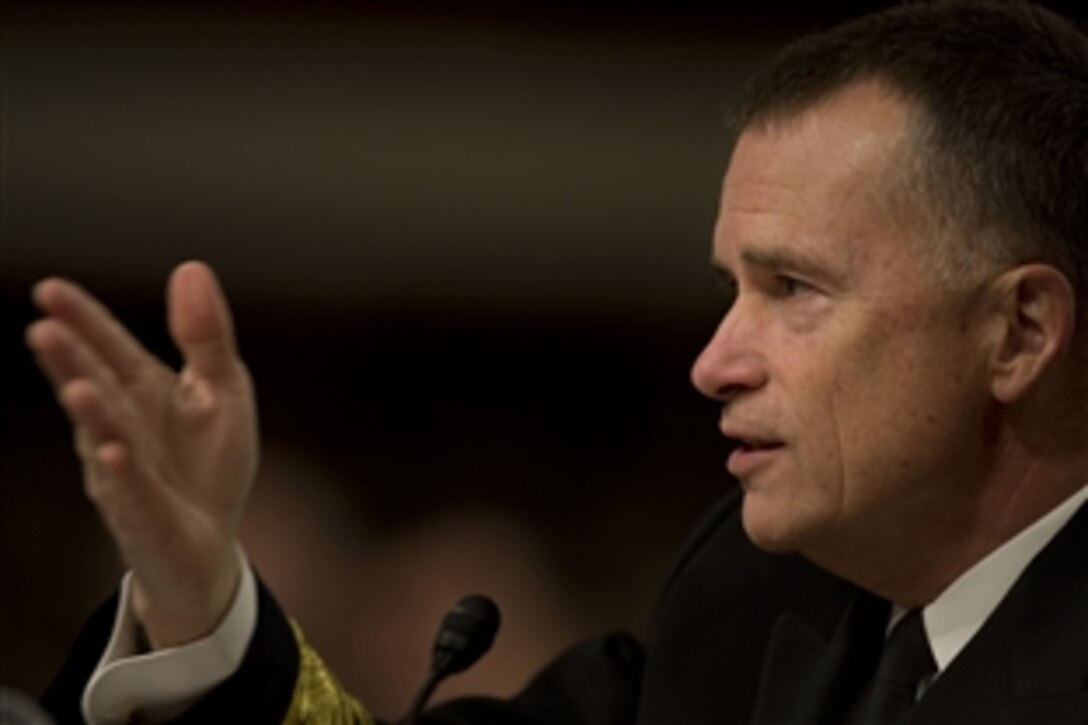 Navy Adm. James A. Winnefeld Jr., vice chairman of the Joint Chiefs of Staff, answers a question during testimony before the Senate Armed Services Committee in Washington, D.C., Jan. 28, 2014. Winnefeld addressed the current budget environment and the possible requirement to slow the rate of growth in military compensation.