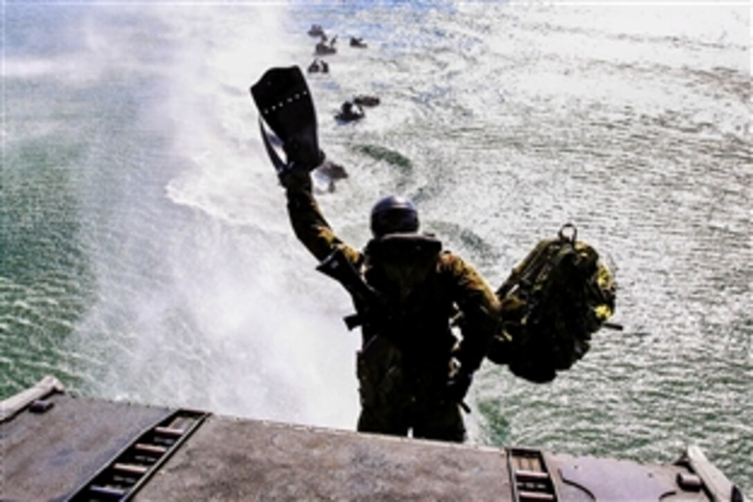 A soldier assigned to the Japan Ground Self-Defense Force jumps out of a CH-46E Sea Knight while training with the 1st Marine Division's 1st Reconnaissance Battalion during Exercise Iron Fist 2014 on Naval Amphibious Base Coronado, Calif., Jan. 27, 2014.