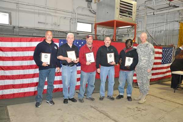 In January 2014, Col. Paul Owen, commander, U.S. Army Corps of Engineers, New York District, visited Caven Point Marine Terminal in Jersey City, NJ, for a town hall meeting recognizing staff for years of service, updating employees on current news, and touring the facility. 