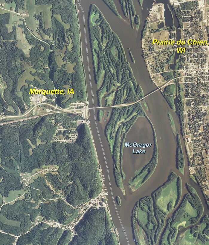 Imagery of McGregor Lake as it relates to Prairie du Chien, Wis., and Marquette, Iowa.