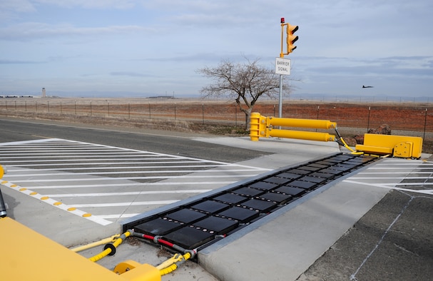 The active barrier near the Schneider gate on Beale Air Force Base, Calif., is utilized to provide security for base personnel. The barrier is designed to prevent access to unauthorized vehicles. (U.S. Air Force photo by Airman 1st Class Bobby Cummings/Released)