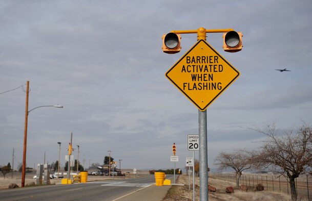 The active barrier near the Schneider gate on Beale Air Force Base, Calif., is utilized to provide security for base personnel. The advised speed limit while traveling over the barrier is 20 mph. (U.S. Air Force photo by Airman 1st Class Bobby Cummings/Released)