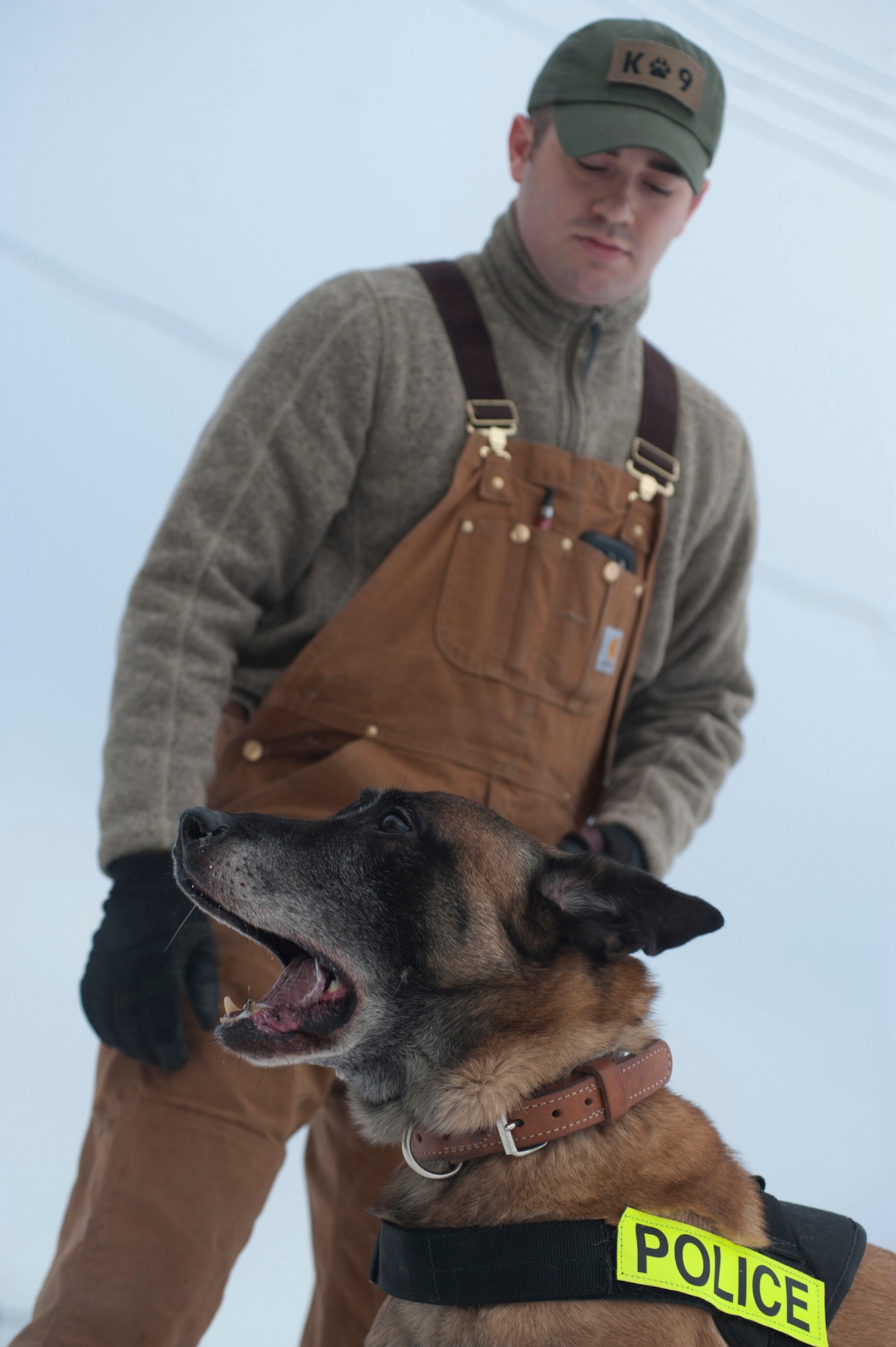 Senior Airman Scott Brakefield watches his military working dog, Dino, 8, bark after a training session on Joint Base Elmendorf-Richardson, Alaska, Jan. 23, 2014. Brakefield is a 673d Security Forces Squadron WMD handler and a native of Mentor, Ohio. (U.S. Air Force photo/Staff Sgt. Robert Barnett)