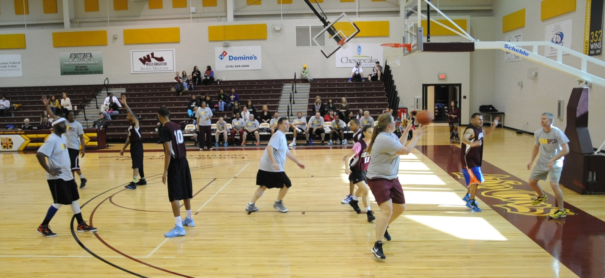 140125-F-SR682-072Barksdale Air Force Base Airmen and Bossier Parish Community College faculty and staff faced off in a basketball game at BPCC on Jan. 25, 2014. The game was held as a way for BPCC to show their support and respect for the men and women of Barksdale. (U.S. Air Force photo/Staff Sgt. Sean Martin)