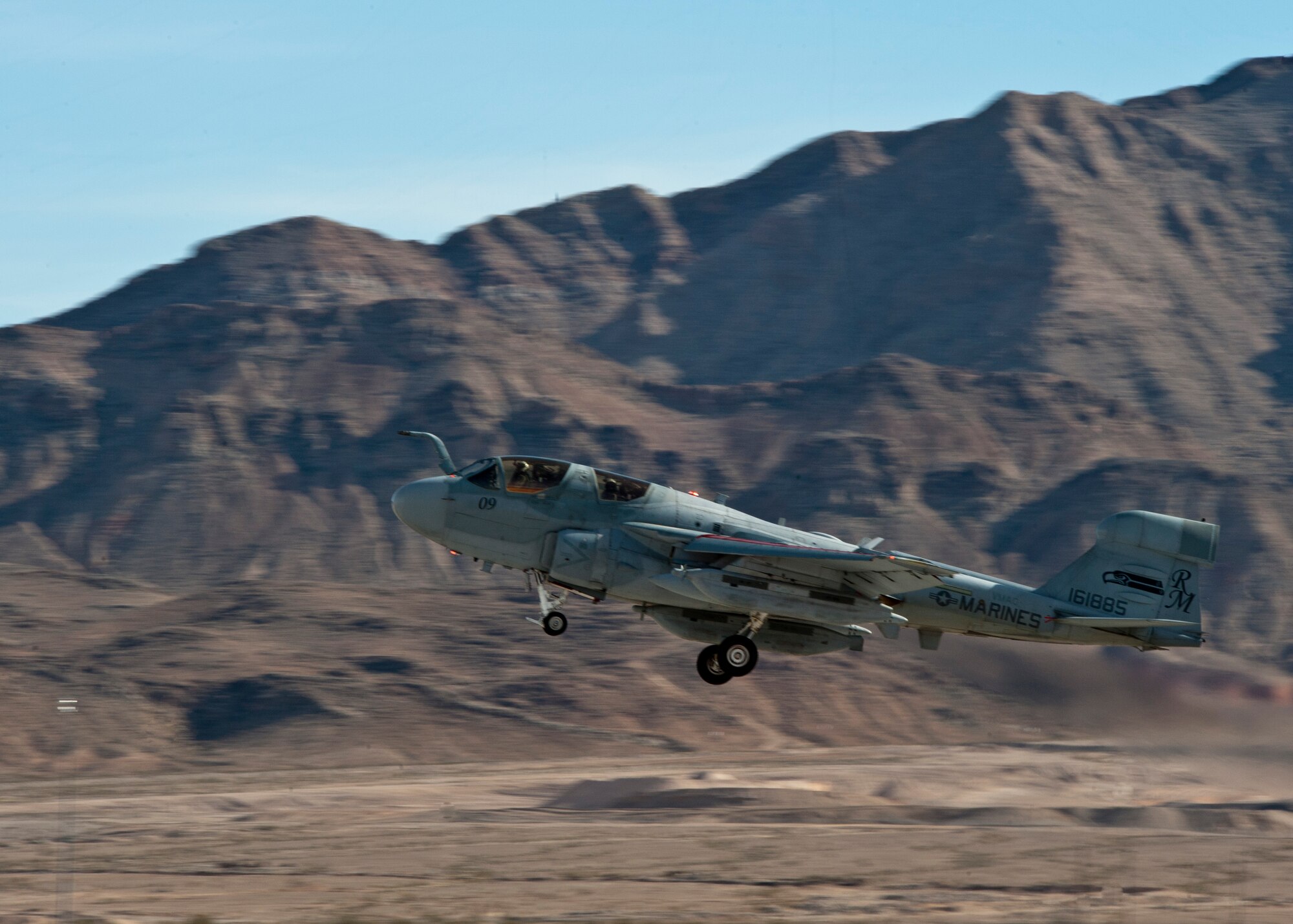 An EA-6B Prowler assigned to the 2nd Marine Aircraft Wing, Marine Corps Air Station Cherry Point, N.C., takes off during Red Flag 14-1 Jan 28, 2014, at Nellis Air Force Base, Nev. The mission of the MAW is to conduct air operations in support of the Marine Forces to include offensive air support, anti-air warfare, assault support, aerial reconnaissance, electronic warfare, and control of aircraft and missiles. Red Flag provides aircrew an opportunity to experience realistic combat scenarios to prepare and train aircrews in the event of future conflicts or war. (U.S. Air Force photo by Airman 1st Class Jason Couillard)