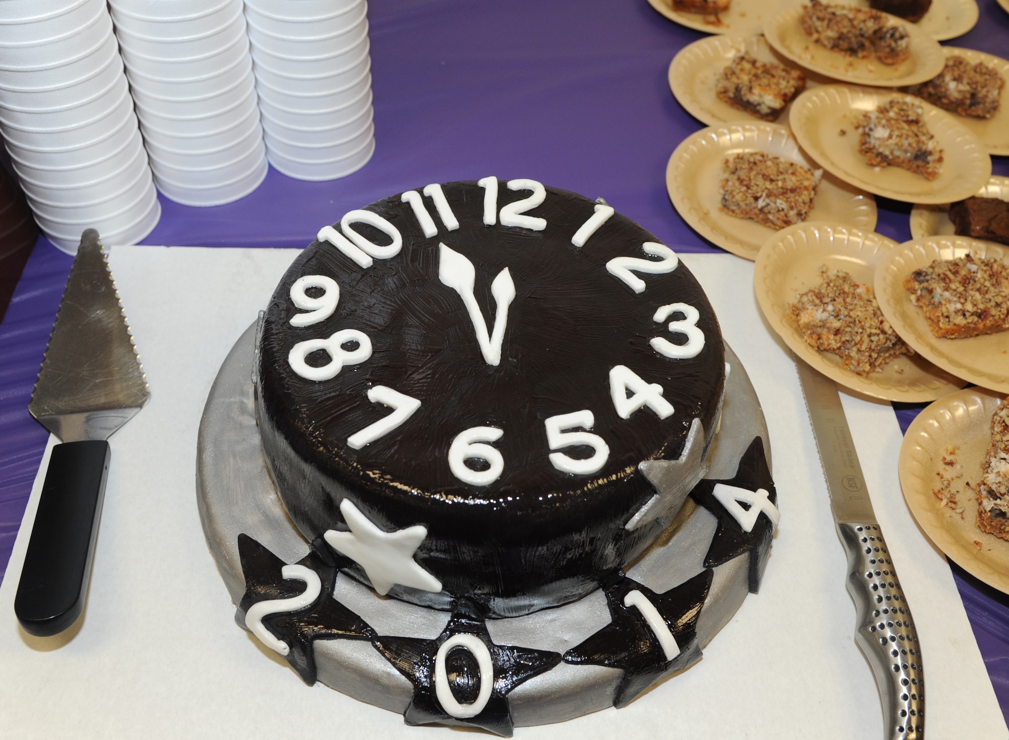 A cake in the spirit of the Singles’ International Gourmet Meal Opportunity theme, “New Year’s traditions,” is one of many desserts served Jan. 27 in the Community Chapel Activity Center at Vance Air Force Base, Okla. (U.S. Air Force photo/ Senior Airman Frank Casciotta)