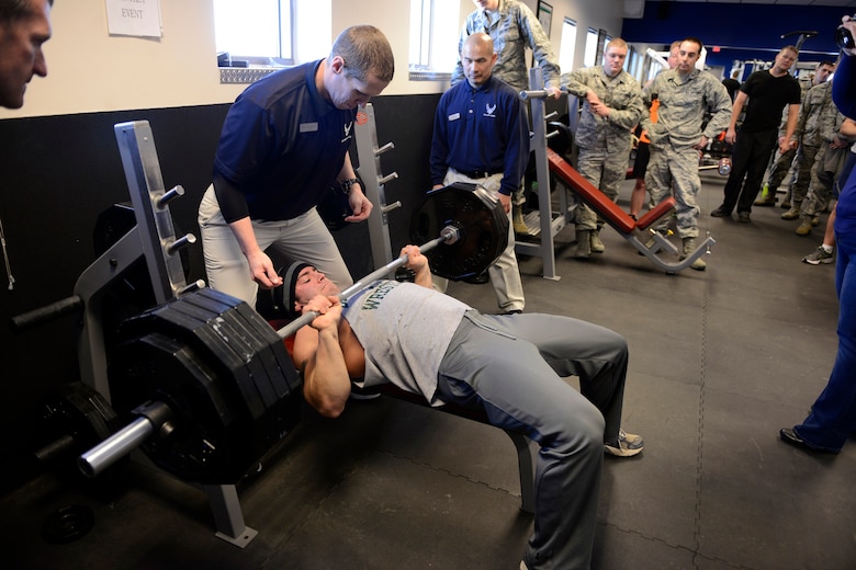 David Anthony bench presses 475 pounds during the Schriever Benchpress and Dead Lift competition here Jan. 24. Anthony set a new all-time Schriever record with the lift.  (U.S. Air Force photo/Christopher DeWitt)