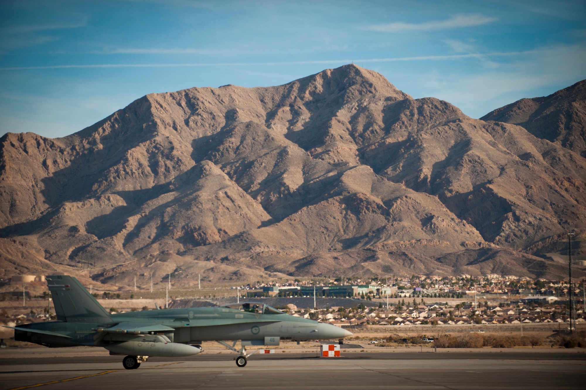 A Royal Air Force Tornado GR4, IX Bomber Squadron from RAF Marham, United Kingdom, taxis to a parking spot following a training mission Jan. 28, 2014, at Nellis Air Force Base, Nev. Coalition pilots a part of the “Blue Force” joining in a simulated air conflict against the “Red Force,” which is comprised of U.S. Airmen trained in the use of enemy tactics and organized by the 57th Adversary Tactics Group. (U.S. Air Force photo by Airman 1st Class Joshua Kleinholz)