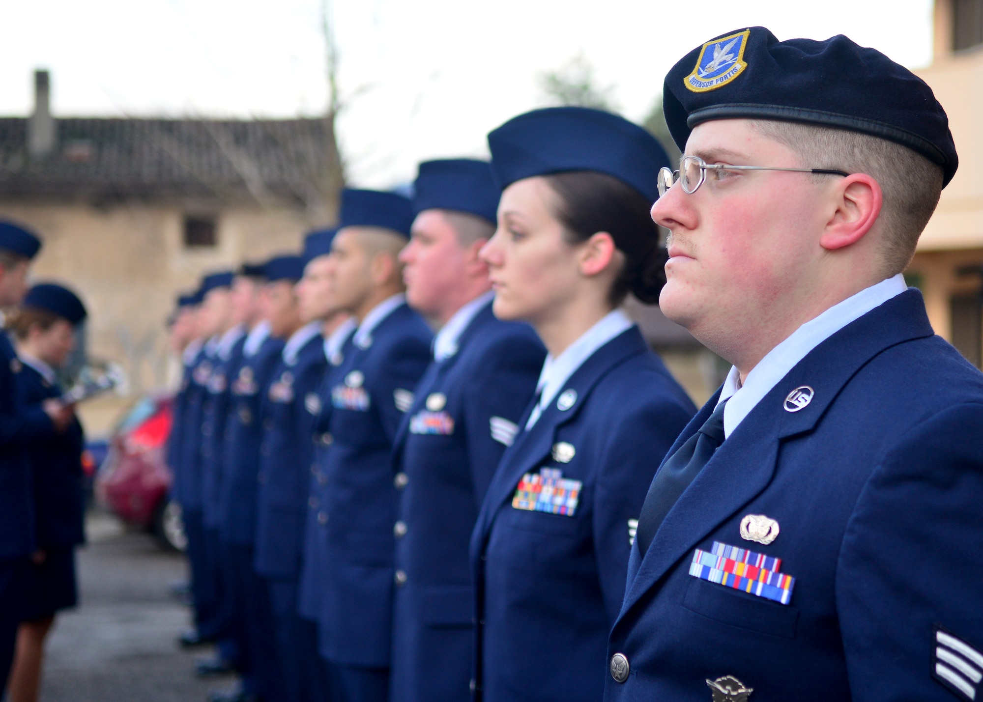 Airmen Leadership School students prepare for a service dress inspection, Jan. 21, 2014, at Aviano Air Base, Italy. ALS is a five week class that tests the minds of future supervisors and arms them with tools needed to succeed as a leader. (U.S. Air Force photo/Senior Airman Briana Jones)